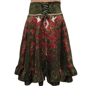 Vintage Midi Skirt Size Small Green Floral Bird Medieval Corset High Waist